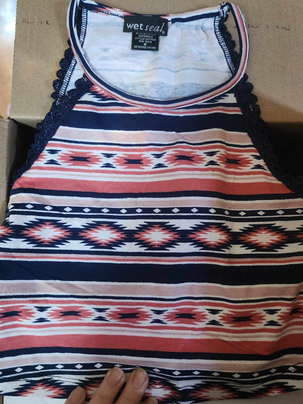 Wet Seal Navy and Coral Aztec Halter Tank